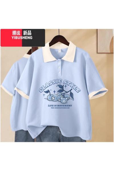 YIBUSHENG短袖t恤女2024新款学生polo领女生学生上衣宽松半袖体恤季女装