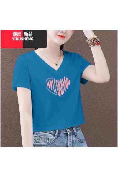 YIBUSHENGv领短袖t恤女2024新款季大码宽松百搭印花小个子短款上衣服