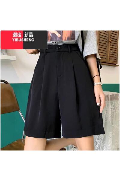 YIBUSHENG大码女新款高腰显瘦薄款黑色a字西装短裤胖mm小个子五分休闲裤