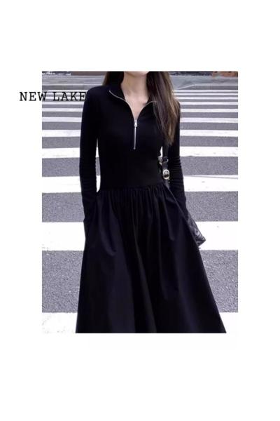 NEW LAKE法式赫本风黑色长袖针织连衣裙子女装2024新款高级感显瘦长裙