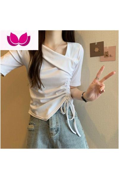 七斓大码女装2023年不规则抽褶上衣胖MM夏季新款v领修身显瘦短袖t恤潮