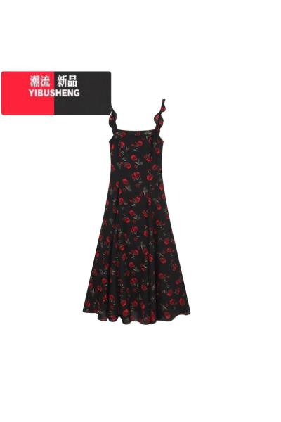 YIBUSHENG法式茶歇黑色玫瑰碎花吊带连衣裙女季收腰显瘦a字裙小个子长裙