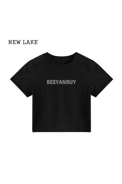 NEW LAKE多巴胺正肩t恤女短袖夏季美式设计感小众黑色甜酷辣妹短款小上衣