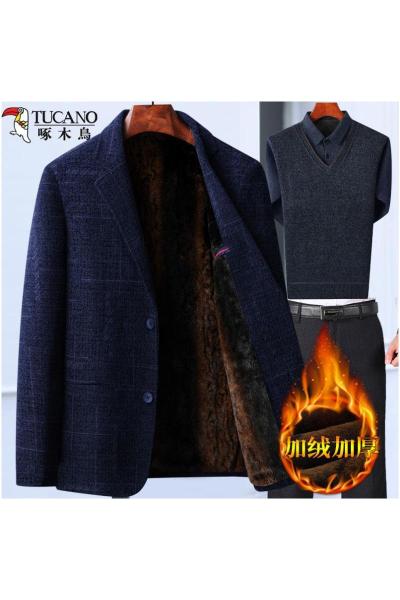 啄木鸟爸爸冬装外套装加绒加厚中年50岁西服男喜公公婚宴礼服西装