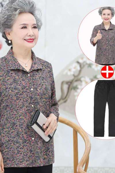 迪鲁奥(DILUAO)奶奶夏装中袖衬衫中老年人女装春秋装妈妈宽松外衣大妈开衫外婆老人家夏天衣服宽松婆婆装