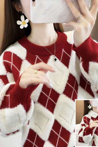 冬季加厚菱形毛衣女紫色秋冬外穿2023新款红色针织宽松打底衫