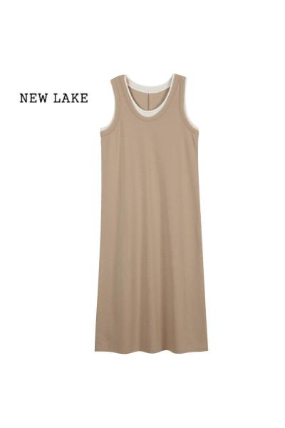 NEW LAKE圆领假两件连衣裙女夏季04新款宽松腰垂感无袖背心裙减龄长裙子