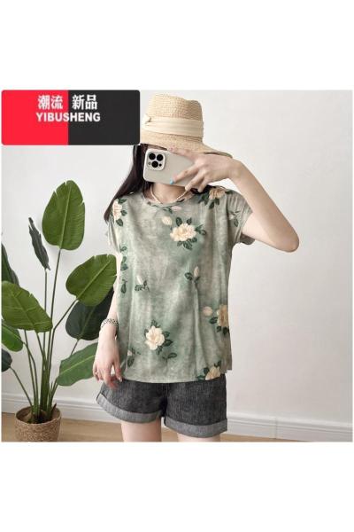 YIBUSHENG棉绸短袖上衣女2024年季薄款宽松显瘦人造棉圆领半袖T恤衫款