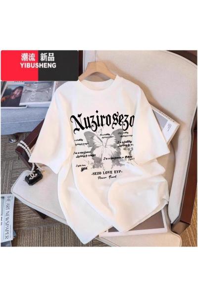 YIBUSHENG美式蝴蝶印花白色短袖t恤2024季新款女装体恤宽松上衣