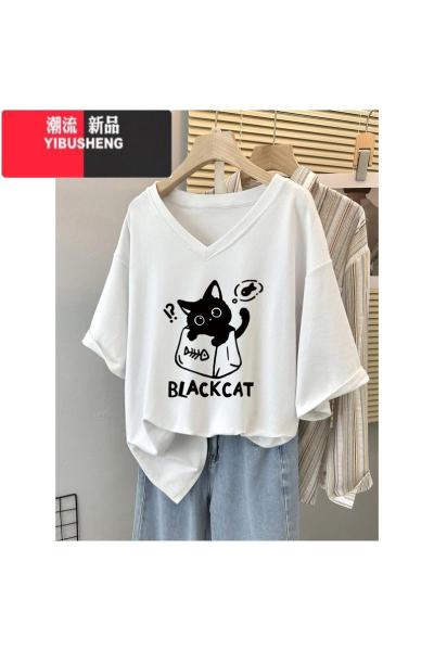 YIBUSHENG正肩短袖t恤女装季2024新款大码胖mm设计感小众宽松显瘦V领上衣