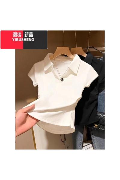 YIBUSHENG短袖T恤女2024年季白色polo领翻领上衣短款收腰修身休闲设计感