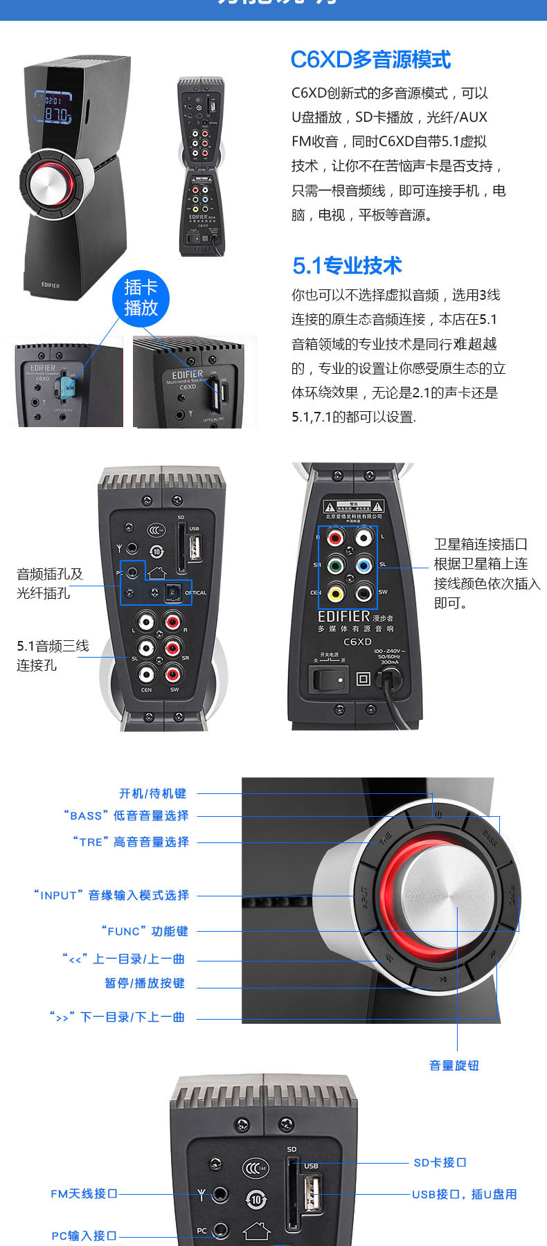 edifier漫步者c6xd家庭影院51声道环绕组合音响k歌唱歌可插u盘插sd卡