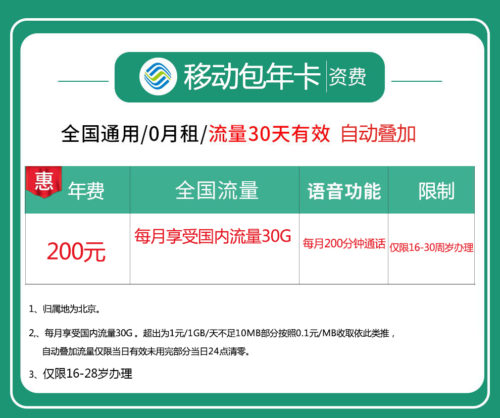 中国移动(china mobile)办手机卡c店 移动包年卡不限.
