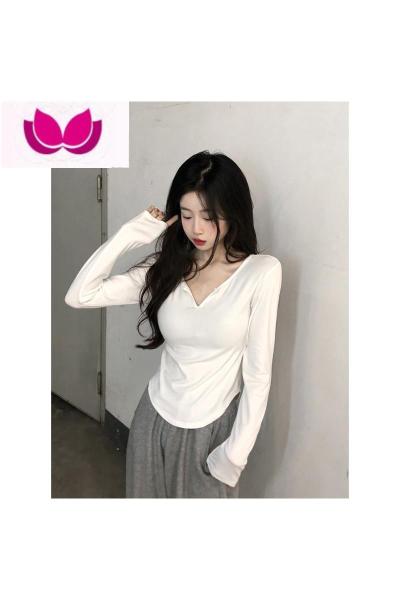 七斓纯欲风辣妹V领长袖T恤女装春季2023新款白色修身显瘦内搭打底上衣