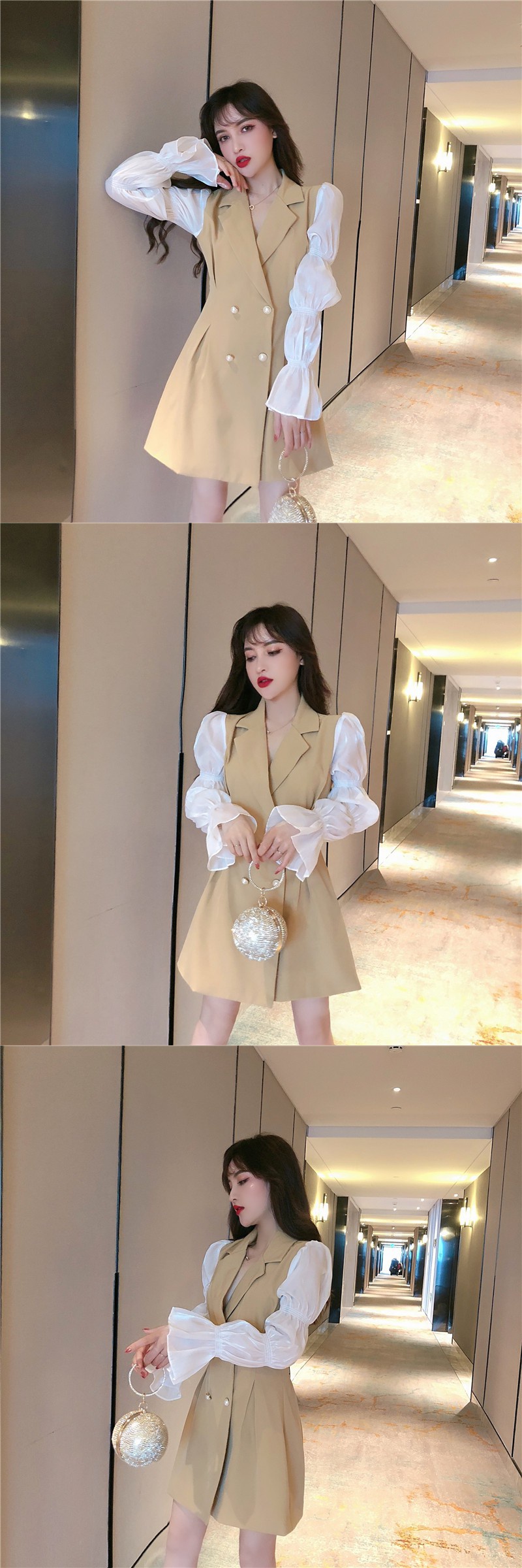 女神范衣服2020春季新款西装气质泡泡袖长袖修身连衣裙女装夏yuansu