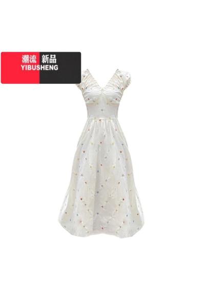 YIBUSHENG季法式设计感V领碎花连衣裙小个子奶甜初恋收腰显瘦别致长裙子