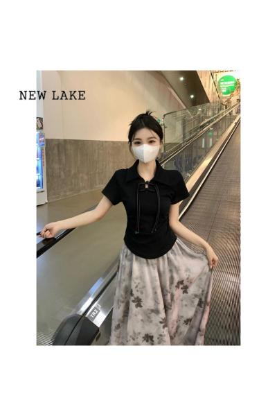 NEW LAKE新中式国风长裙子套装夏季大码胖mm收腰显瘦半身裙短袖上衣两件套