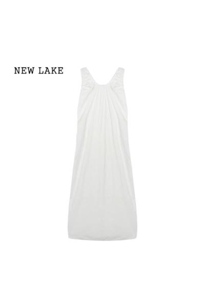 NEW LAKE法式V领无袖连衣裙女装夏季白色露背长裙气质宽松A字裙子
