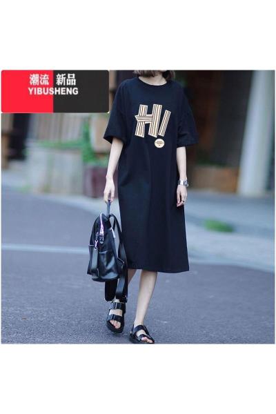 YIBUSHENG大码女装季连衣裙宽松过膝大款短袖t恤裙遮肚百搭半袖上衣