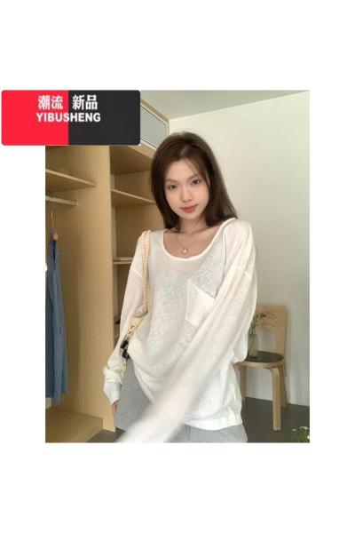 YIBUSHENG慵懒简约白色长袖T恤女季薄款设计感小众宽松显瘦防晒罩衫上衣
