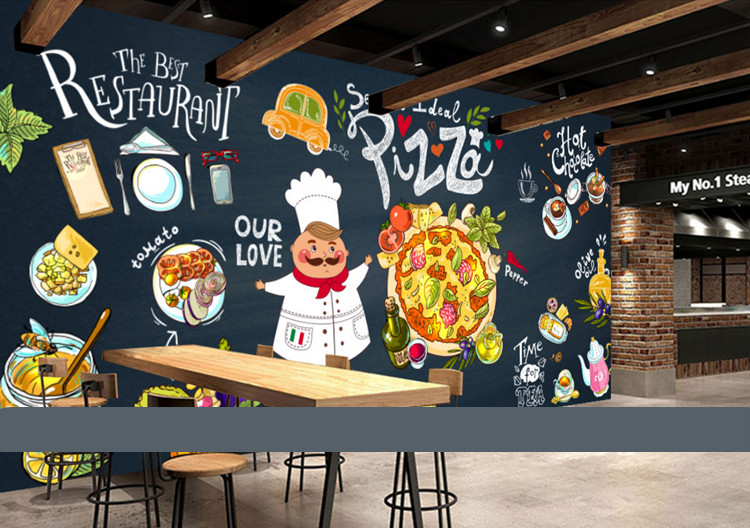 手绘卡通披萨小吃店墙纸复古pizza炸鸡汉堡壁画3d黑板壁纸 油画布整张