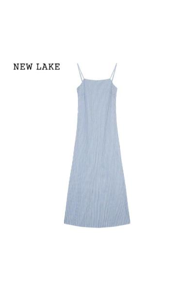 NEW LAKE清冷感吊带裙海边度假风竖条纹连衣裙女夏季宽松显瘦A字裙中长裙