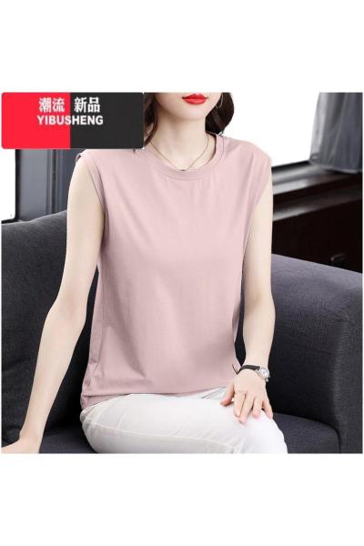 YIBUSHENG无袖t恤女装2024季新款粉色背心体恤衫大码胖mm宽松上衣服