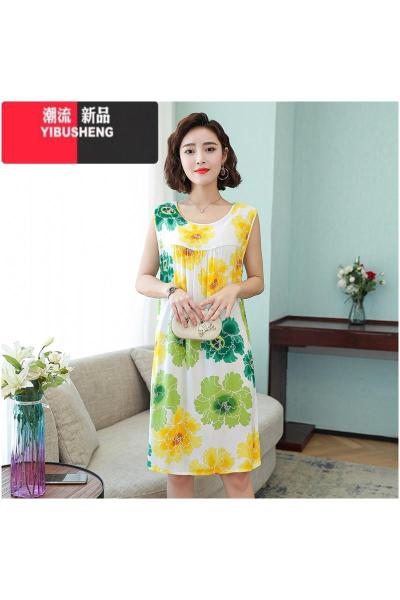 YIBUSHENG纯绵绸无袖吊带睡裙女季薄款加大码宽松背心裙人造棉中长款睡衣