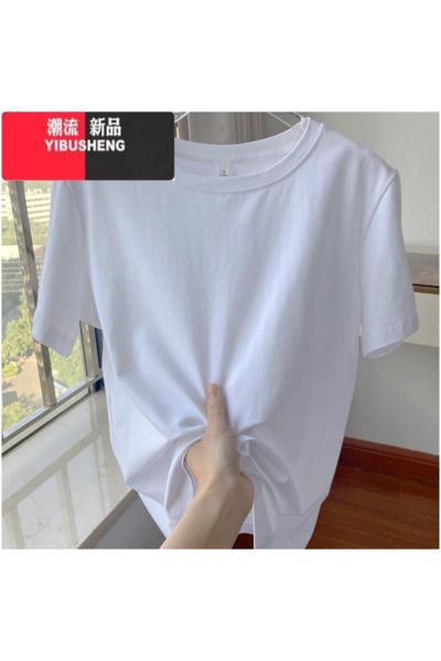 YIBUSHENG白色t恤女棉质短袖正肩打底衫纯白t体恤韩版基础款简约内搭上衣