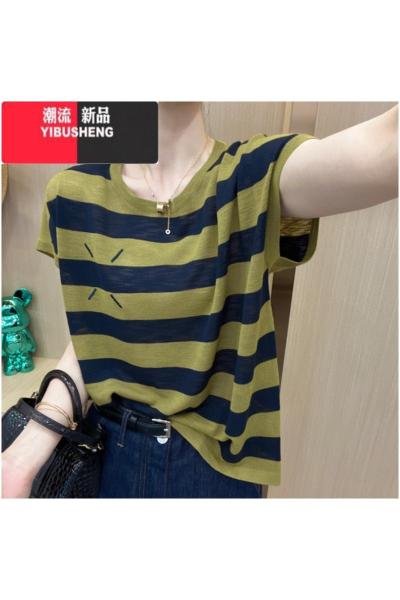 YIBUSHENG女士短袖t恤2024季新款时髦百搭宽松条纹胖mm显瘦遮肉上衣