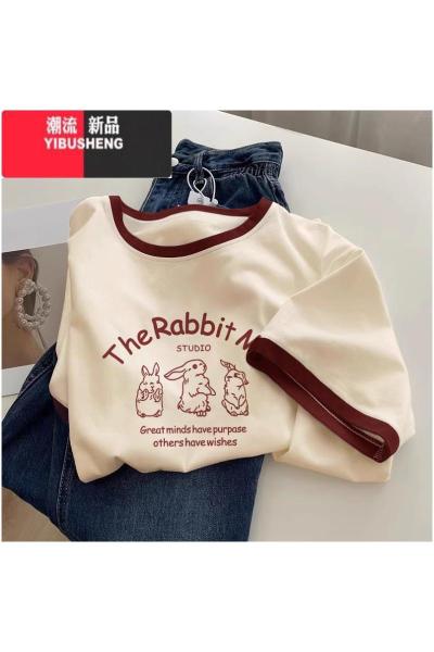 YIBUSHENG短袖t恤女2023新款季宽松圆领撞色设计感上衣大码胖mm显瘦