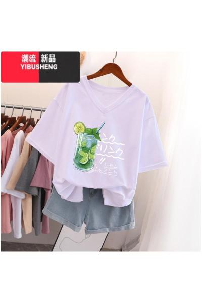 YIBUSHENG300斤V领短袖t恤女季宽松潮ins美式大码oversize半袖上衣服
