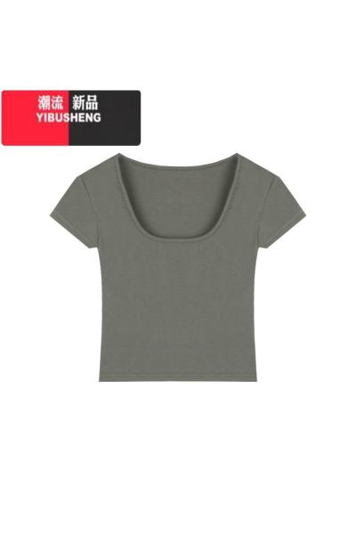 YIBUSHENG美式复古U领辣妹灰色短袖T恤女季短款紧身显瘦露脐黑色正肩上衣