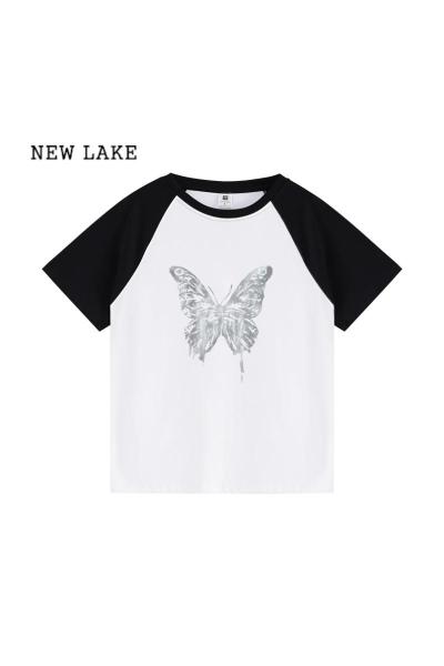 NEW LAKE浅灰蓝插肩袖t恤正肩短袖女夏季小众设计感美式复古潮牌蝴蝶半袖