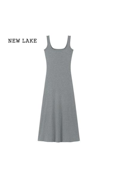 NEW LAKE薄荷曼波吊带连衣裙女2024夏季新款黑色灰色A字裙长裙气质裙子