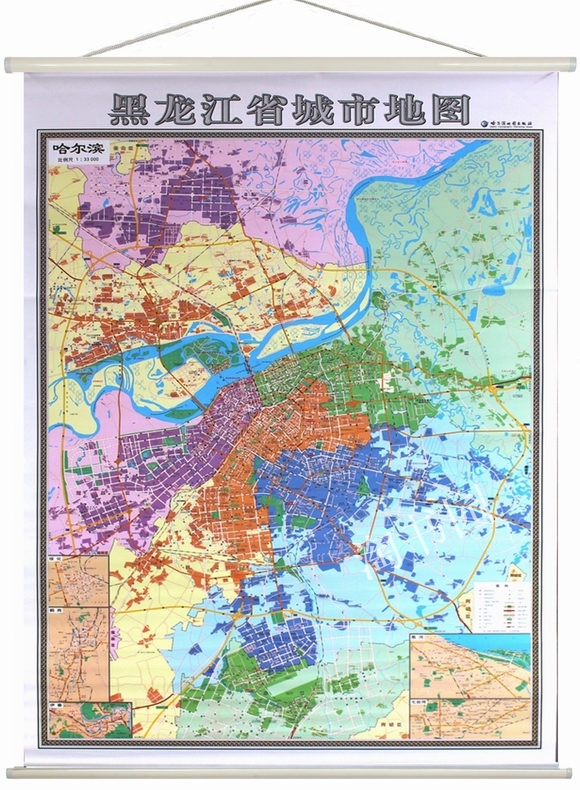 [诺森正版]2018全新 哈尔滨市地图挂图 黑龙江地图挂图 二合一 正反面