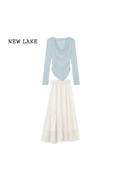 NEW LAKE蓝色长袖上衣半身连衣裙子女早春2024新款奶系穿搭一整套装裙