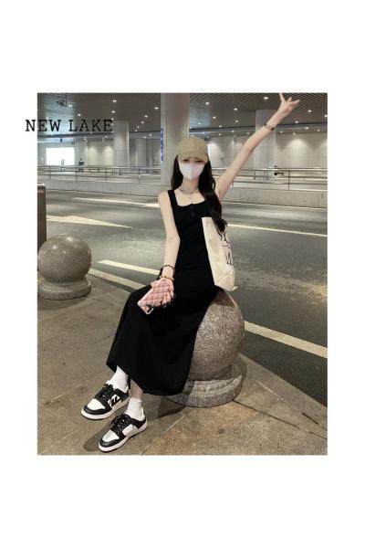 NEW LAKE黑色针织背心连衣裙女2024年夏季新款设计感小众方领显瘦A字裙子