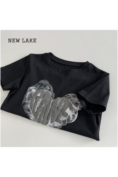 NEW LAKE美式辣妹短款爱心字母印花短袖T恤2024春季新款女装个性圆领上衣
