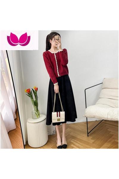 七斓酒红色针织套装裙2023新款时尚套宽松显瘦过膝a字长裙女