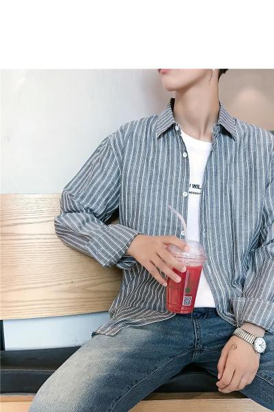 SUNTEK韩版夏季薄款男士长袖衬衫休闲百搭小清新衣服修身简约条纹衬衣潮衬衫