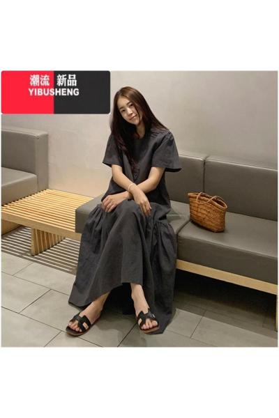YIBUSHENG装新款韩版宽松显瘦短袖连衣裙女胖mm宽松休闲短袖鱼尾t恤长裙