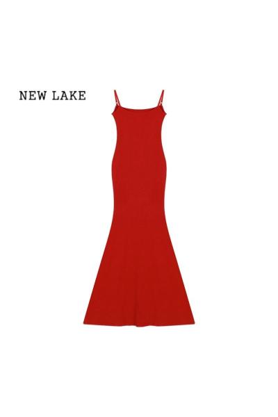 NEW LAKE红色吊带裙辣妹连衣裙女夏季性感长裙修身包臀裙御姐风裙子鱼尾裙