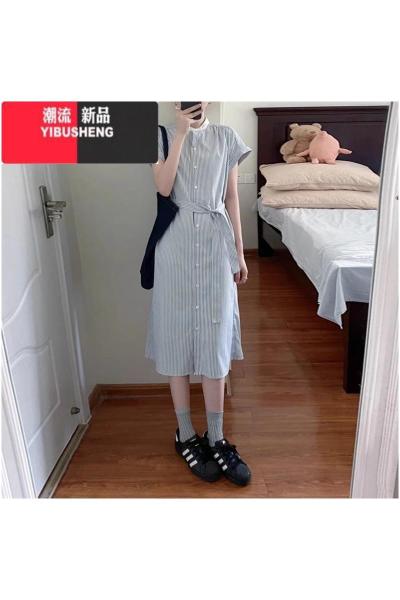 YIBUSHENG日系条纹短袖衬衫连衣裙女2024新款季小众设计收腰气质中长裙子