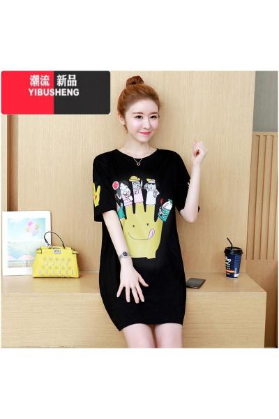 YIBUSHENG大码女装显瘦减龄连衣裙季遮肉肚子短袖中长款T恤裙子短袖