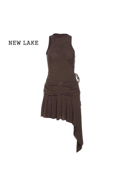 NEW LAKE 法式辣妹风复古无袖连衣裙女设计感系带显瘦遮肉不规则短裙