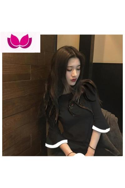 七斓超火cec短袖t恤女ins潮洋气修身显瘦七分袖喇叭袖半袖体恤上衣服