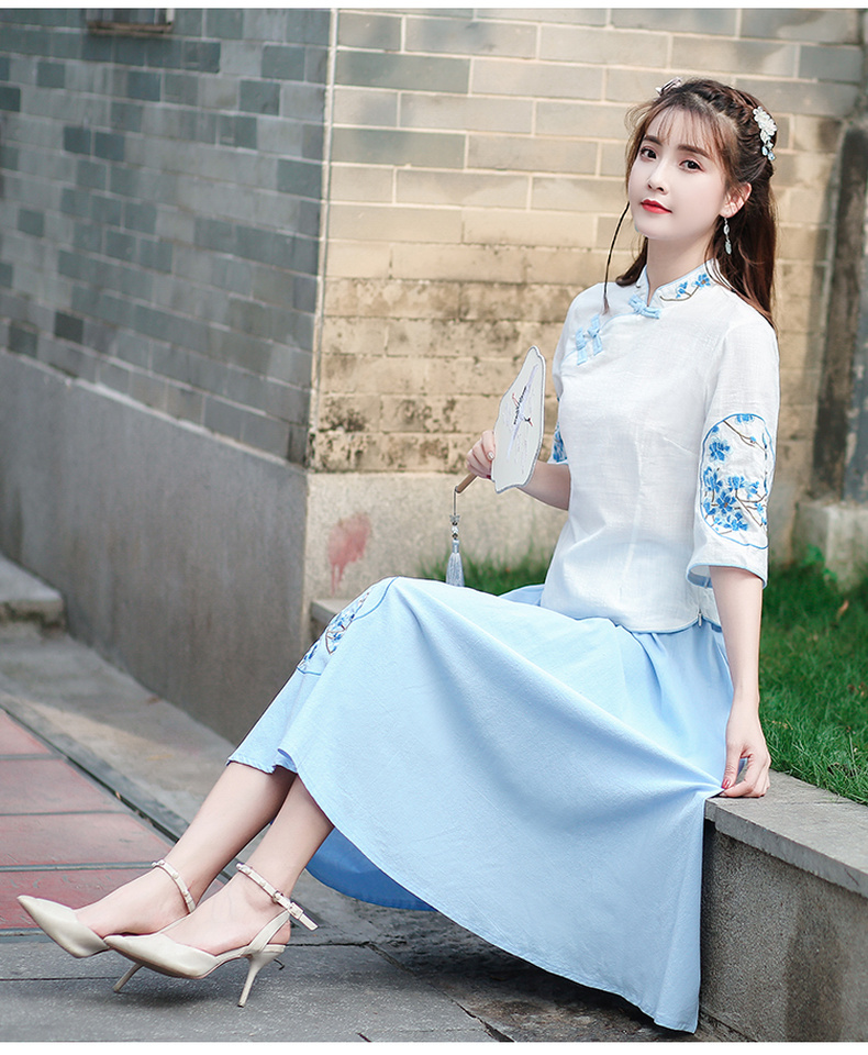 中国风女装中式棉麻刺绣唐装上衣茶服民国风少女装盘扣改良两件套