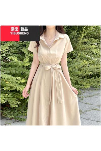 YIBUSHENG法式气质衬衫式连衣裙女季简约高级感系带收腰显瘦短袖长裙子