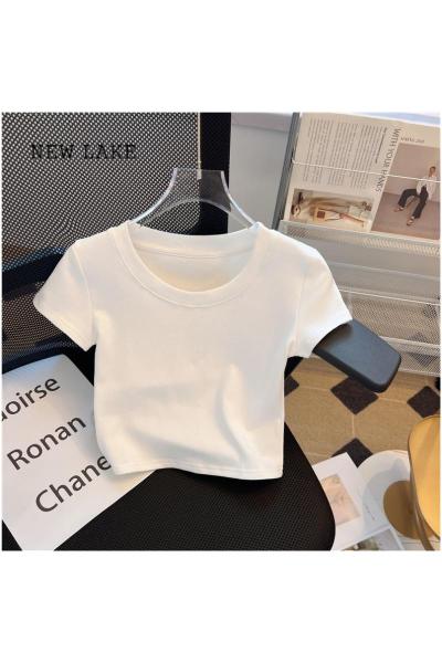 NEW LAKE白色短袖t恤女装夏季新款正肩修身独特短款上衣圆领纯棉高腰露脐
